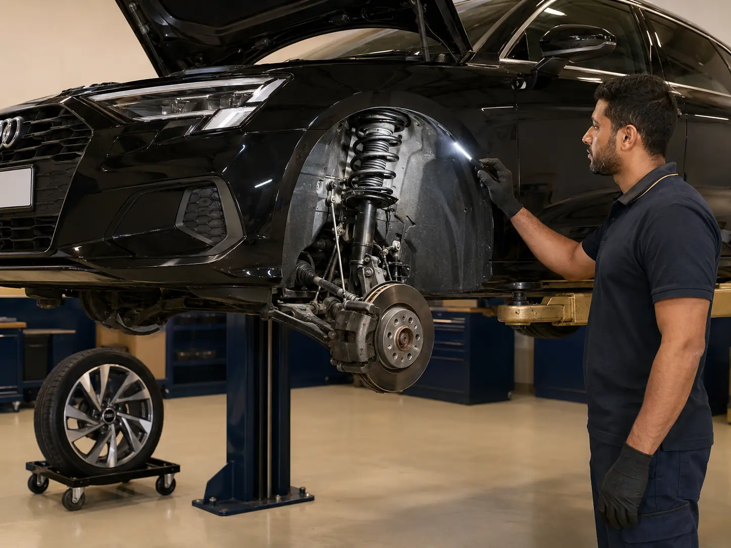 Illustrative Audi A3 8Y passive front suspension showing the strut, coil spring and top mount as separate parts