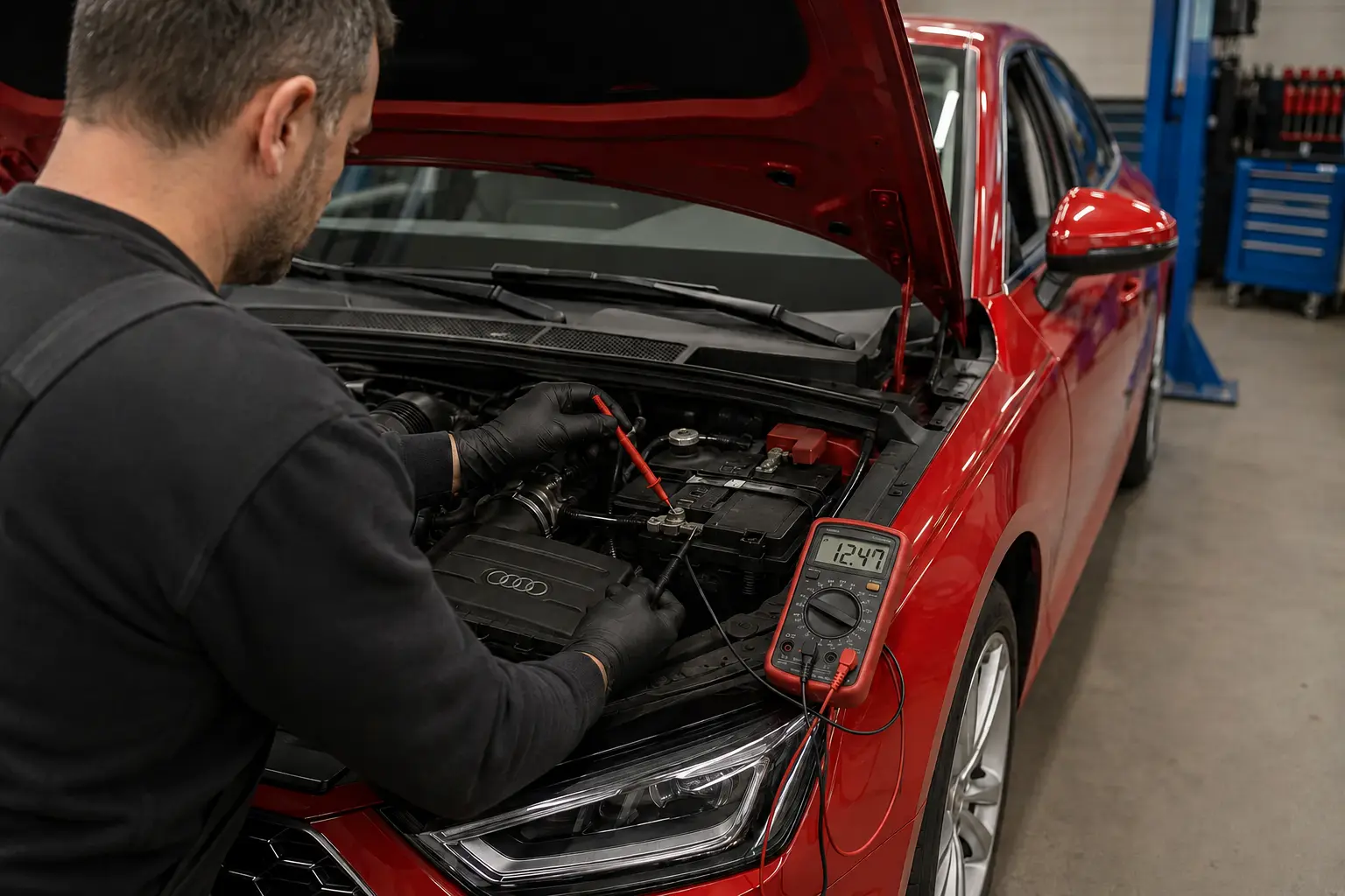 فني يختبر بطارية وشحن Audi A4 بعد ظهور تحذيرات متعددة