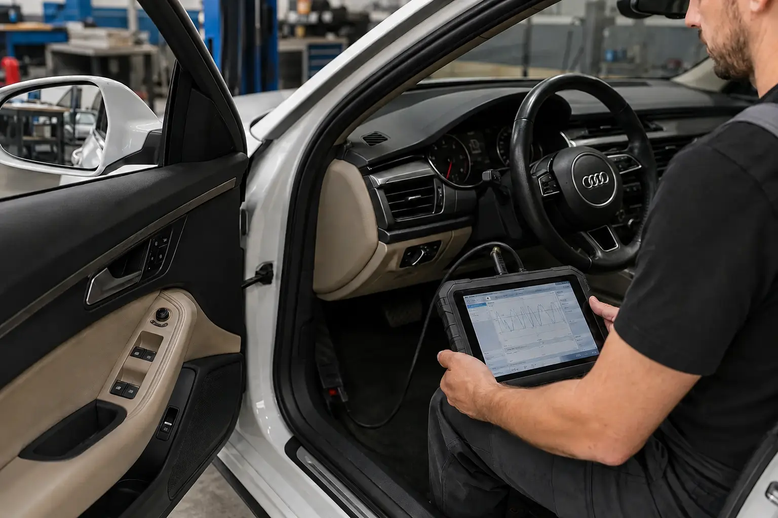 فني يفحص نظام تبريد Audi A7 باختبار ضغط