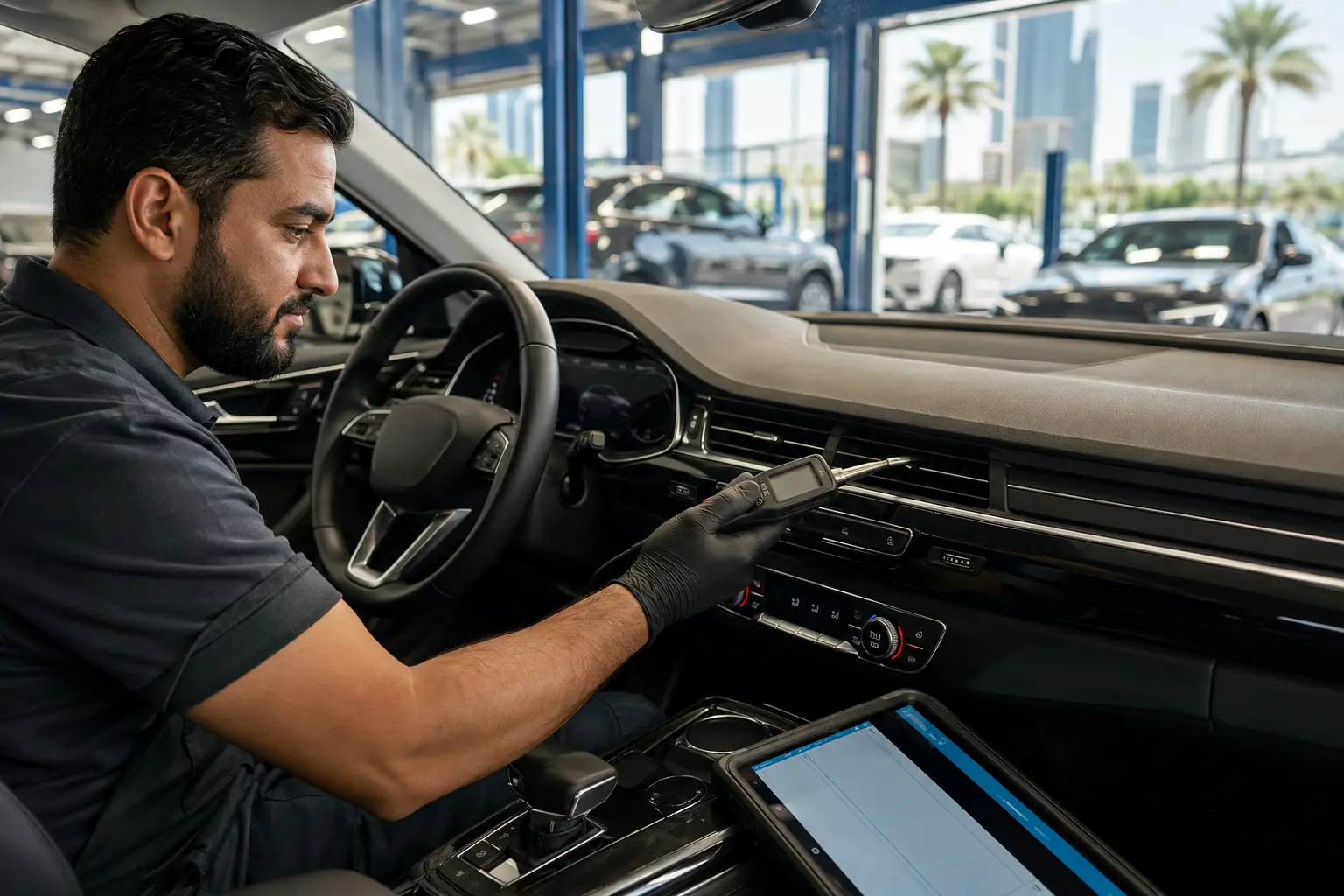 Technician confirming Audi centre vent temperature after AC work