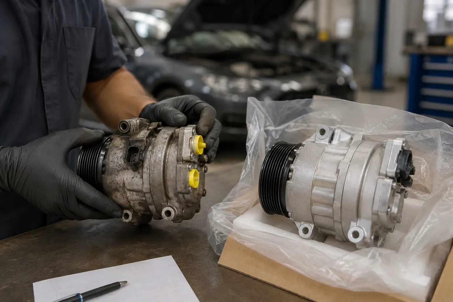 Technician comparing compatible Audi AC compressor options on a workshop bench