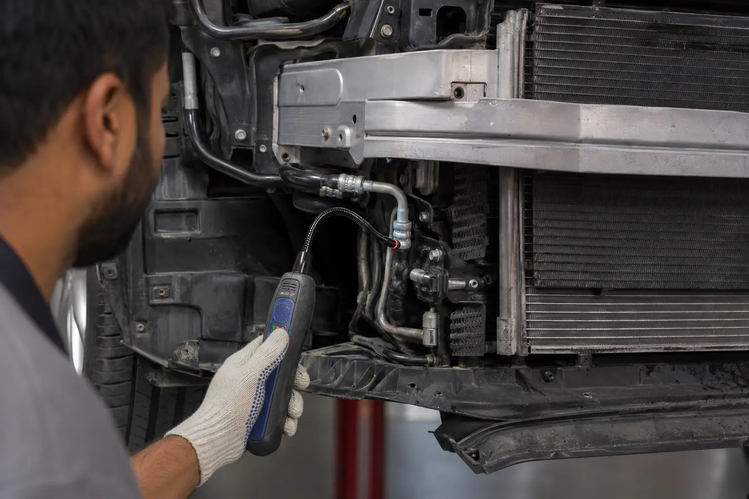Electronic refrigerant leak detector checking an Audi AC condenser line
