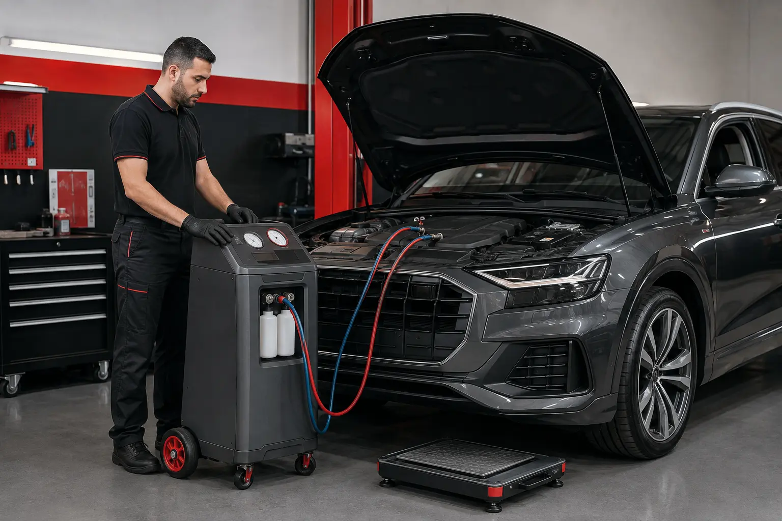 Audi AC refrigerant recovery and charging equipment connected safely in the workshop