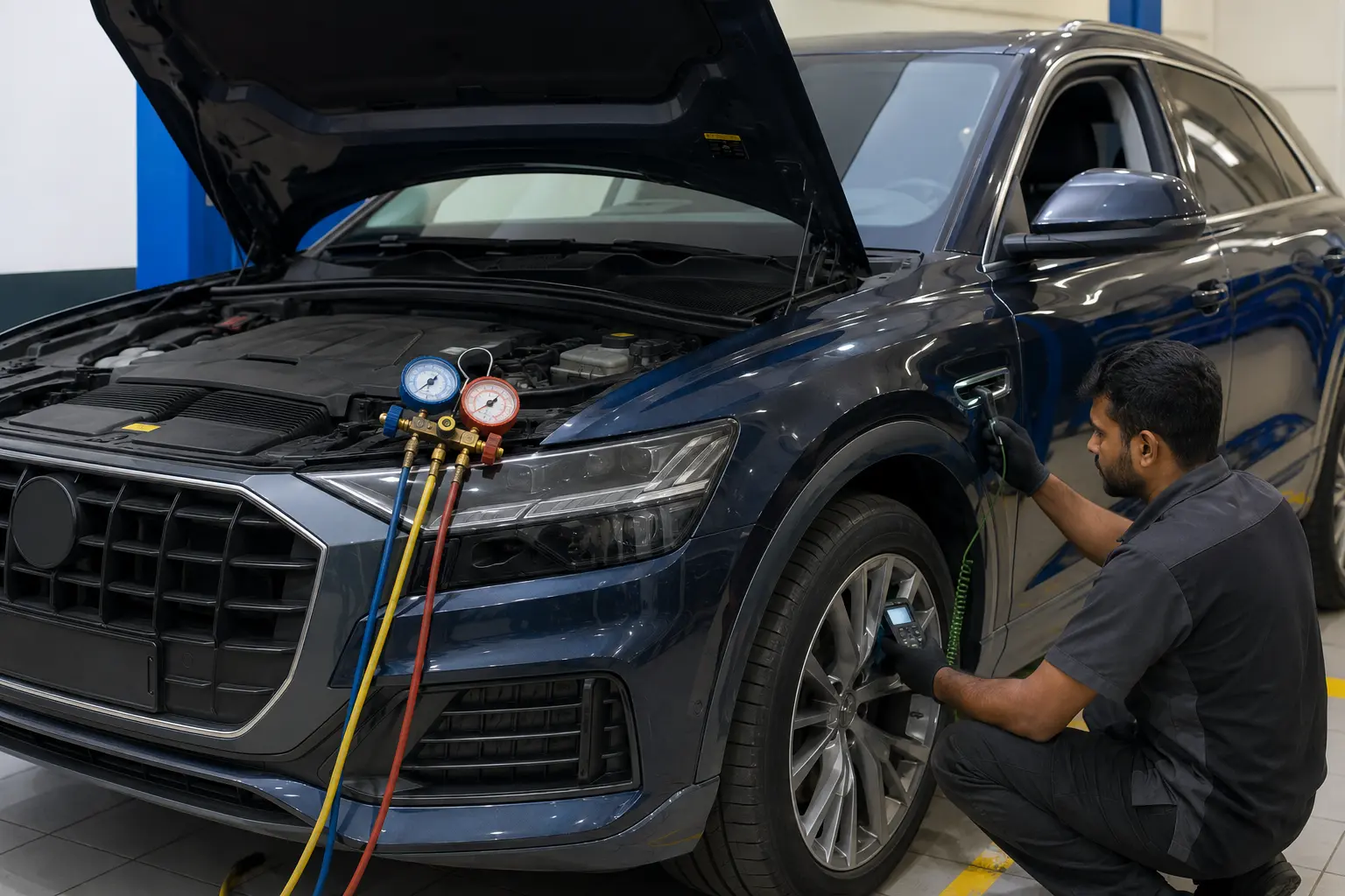 Audi AC pressure and temperature testing in a workshop