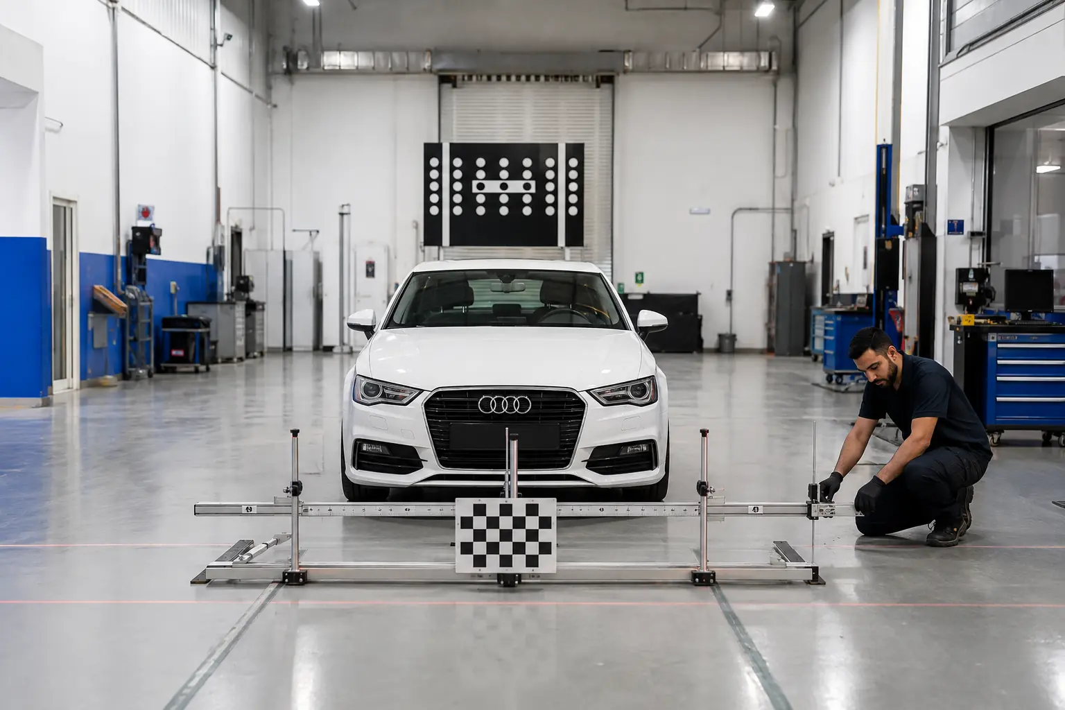 Audi camera and radar calibration setup on a level workshop floor