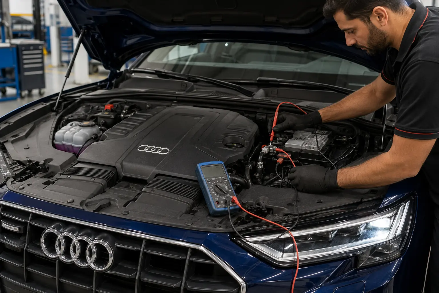 Technician testing an Audi battery and charging system
