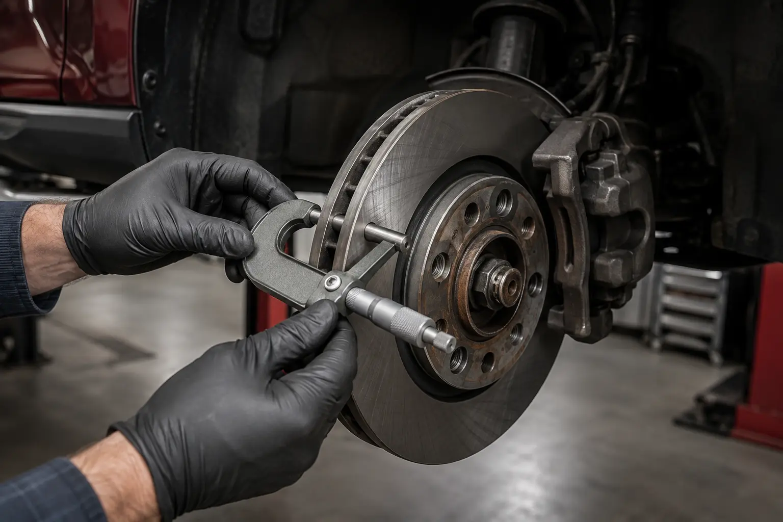 Technician measuring brake disc thickness during an Audi brake inspection