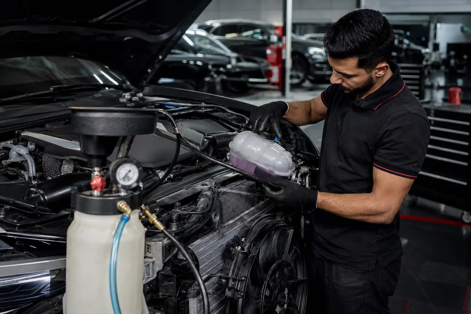 Technician checking Audi coolant and thermal management equipment