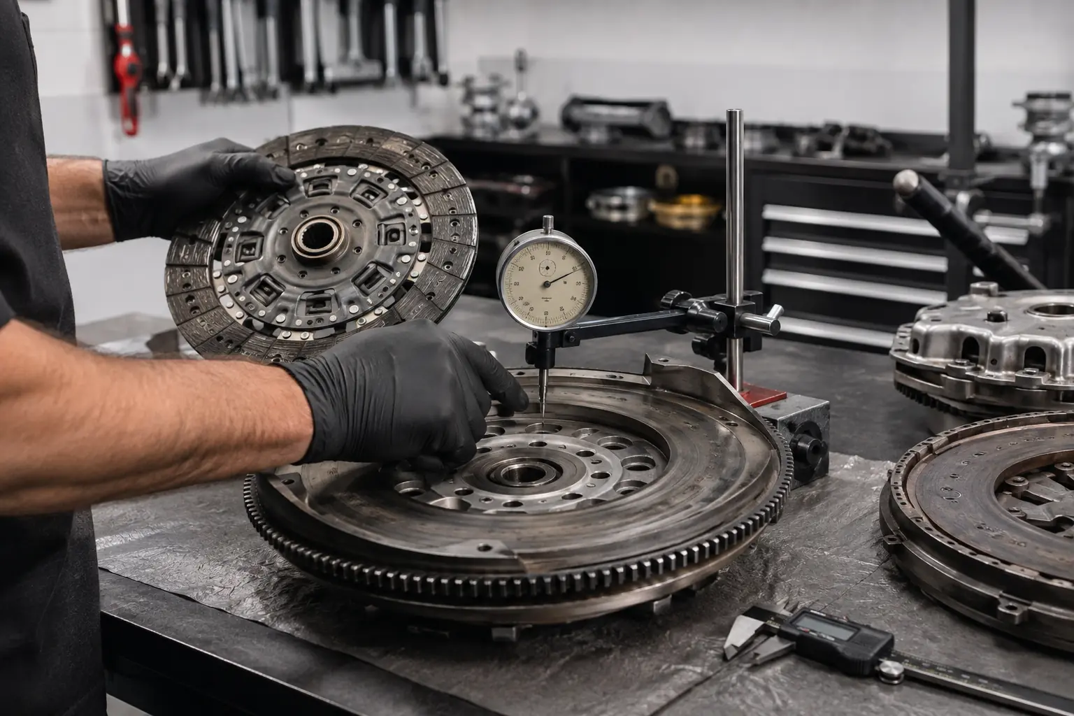 Dual clutch and flywheel components being measured before an Audi gearbox repair decision