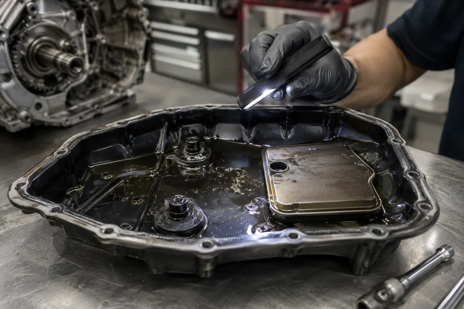 Audi gearbox oil pan and filter inspected for fluid condition and debris