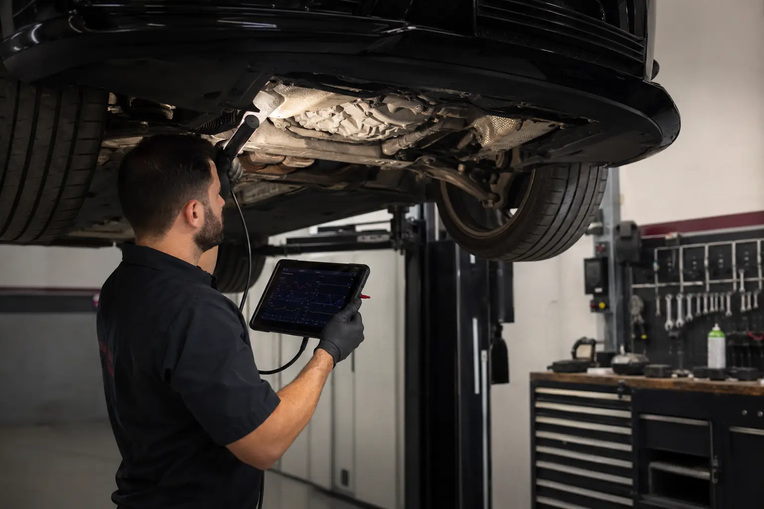 Technician comparing Audi gearbox live data with an underbody inspection
