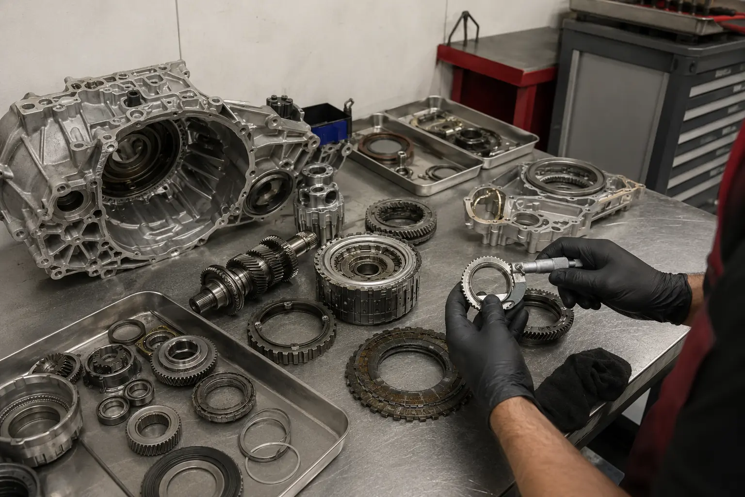 Audi gearbox overhaul components arranged for measured inspection