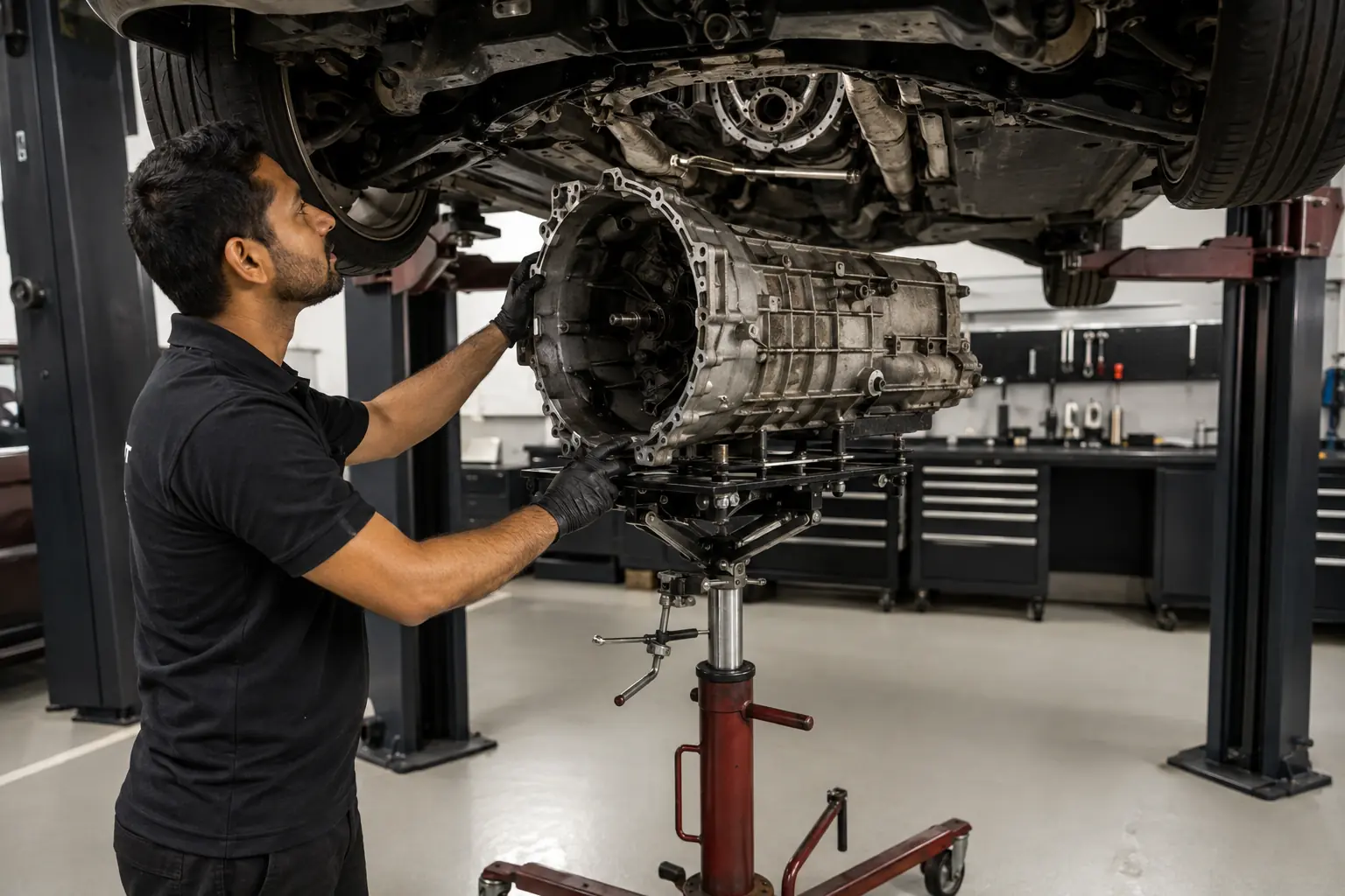 Audi gearbox aligned beneath the vehicle on a hydraulic transmission jack