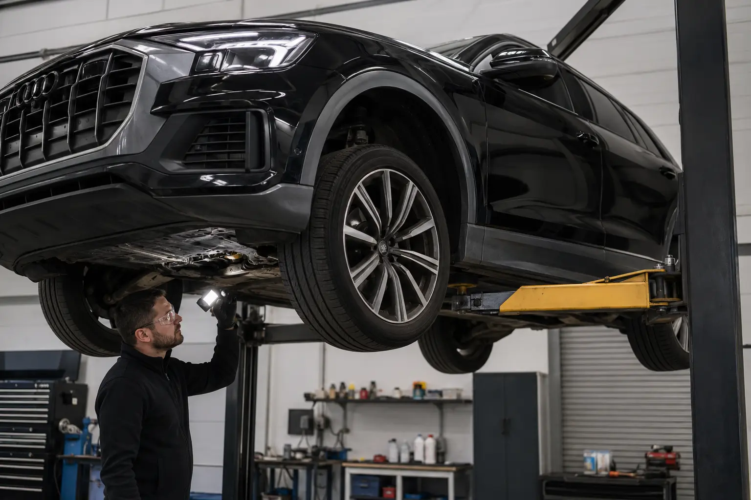 Audi gearbox and underbody inspection on a lift
