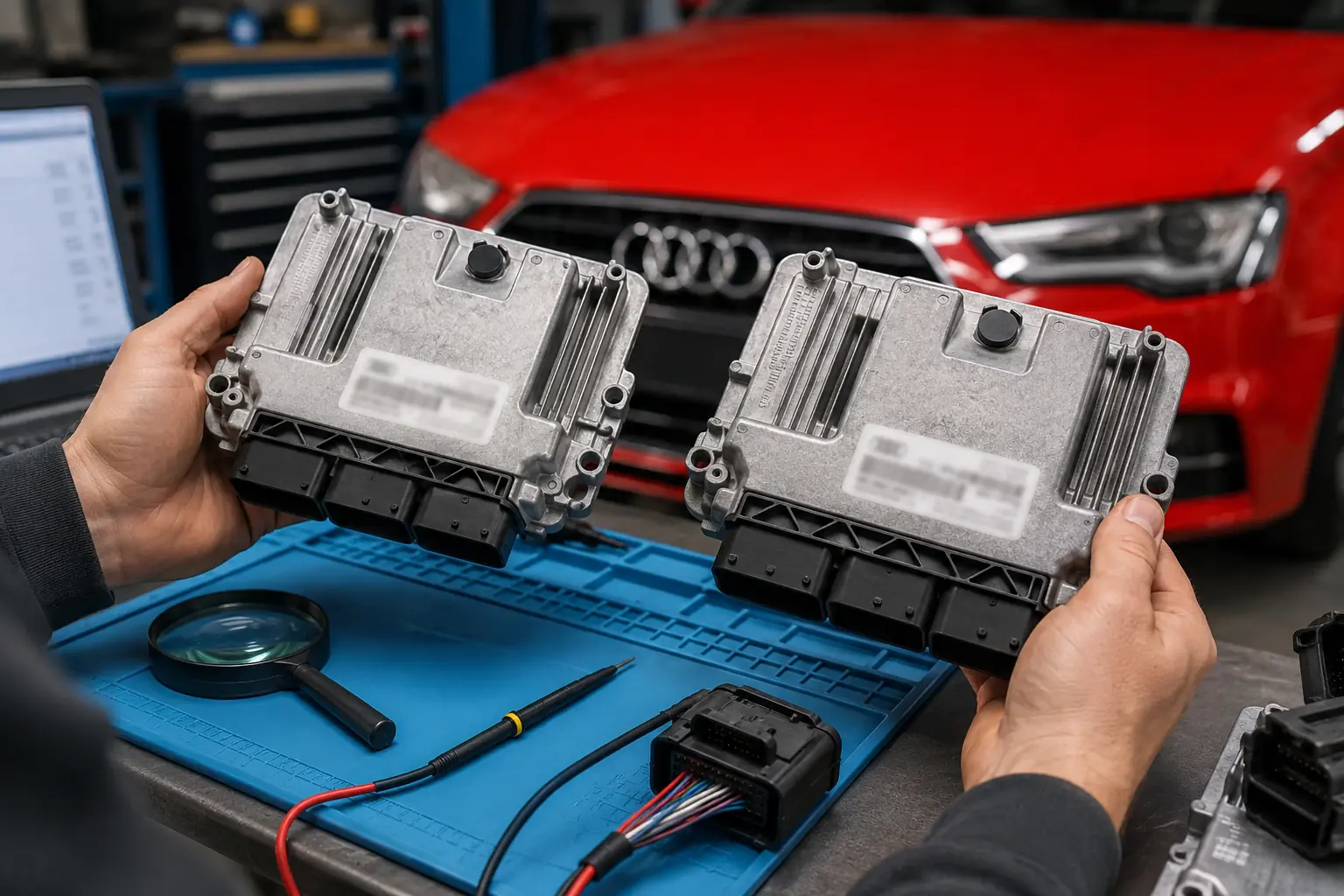 Original and replacement Audi control modules compared before setup
