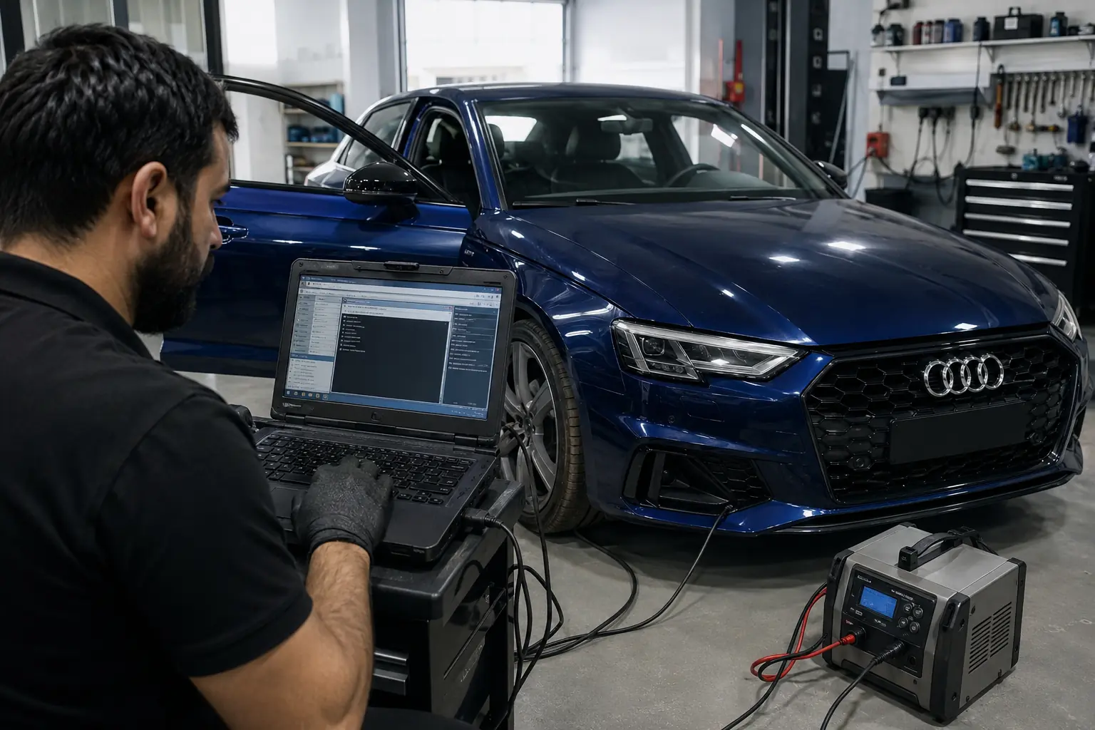 Audi control-unit programming with stable battery support