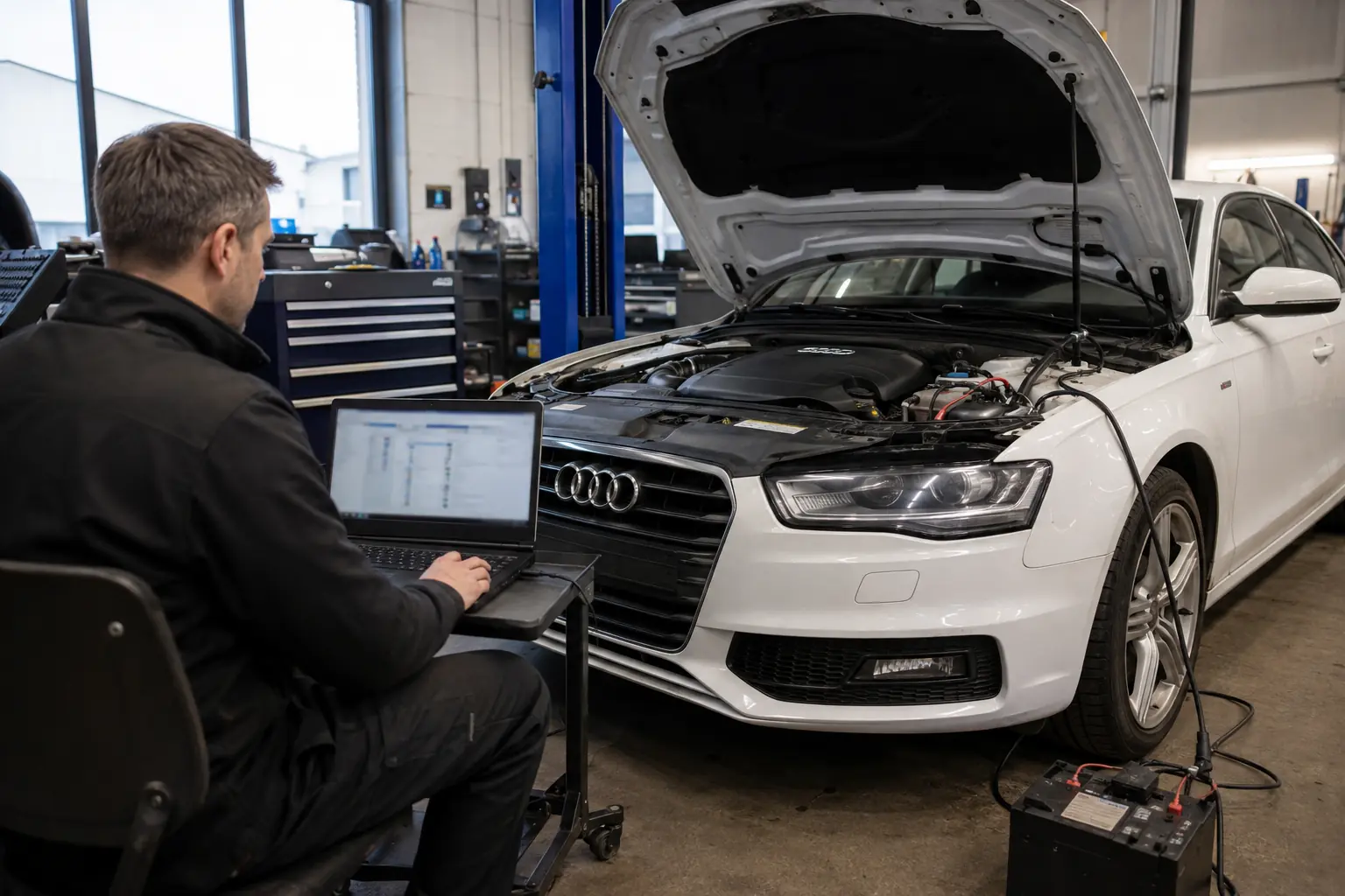 Technician reviewing an anonymised Audi control-unit network scan