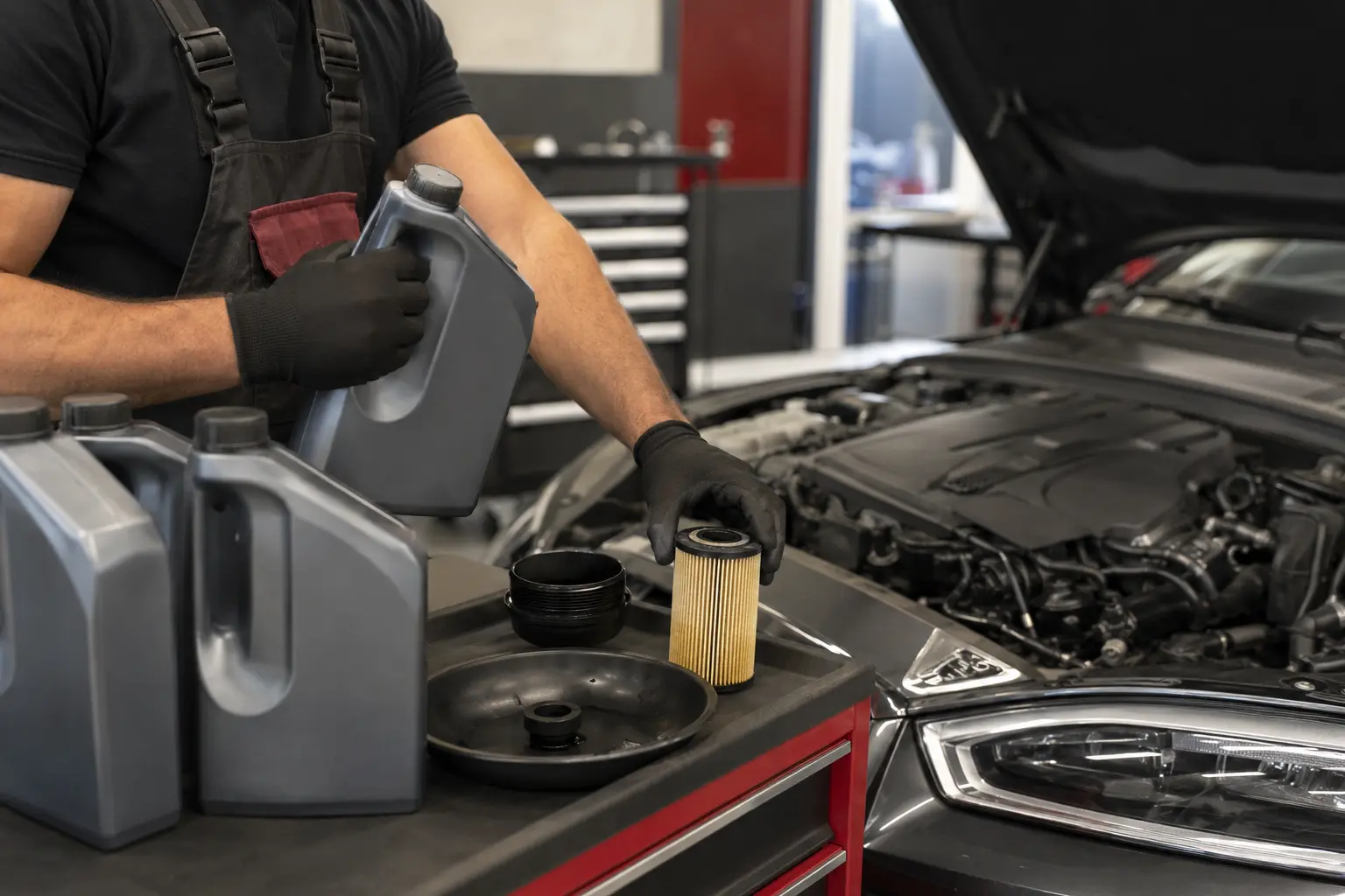 Technician selecting oil and filter for an Audi service