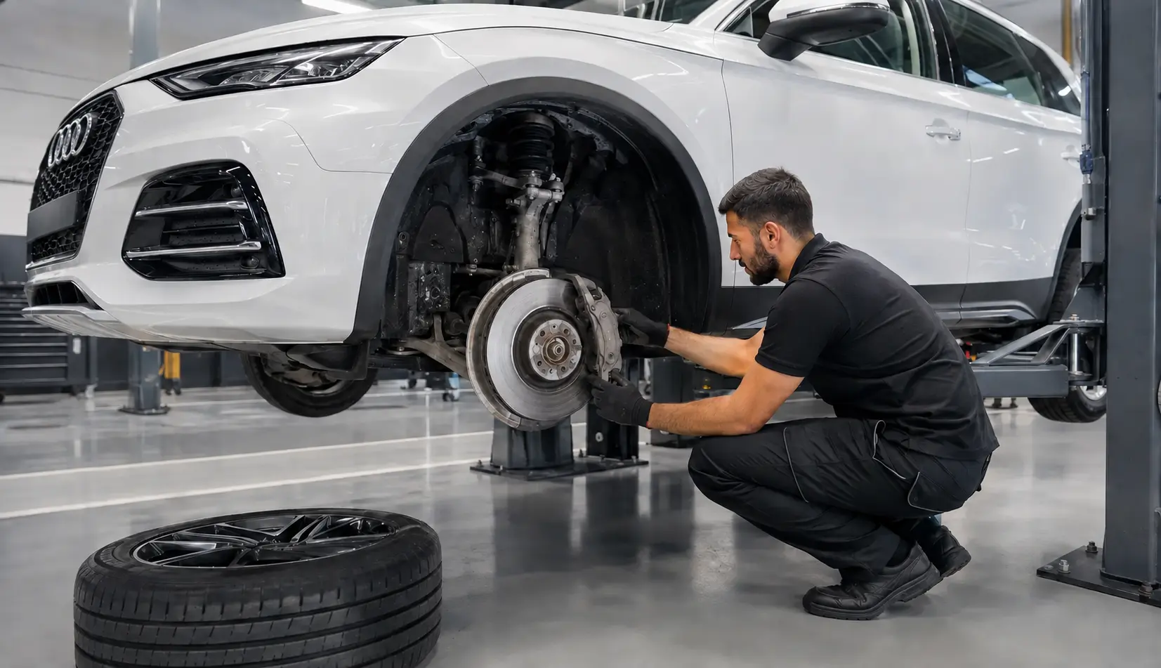 فني يفحص فرامل وتعليق Audi Q5 على الرافعة