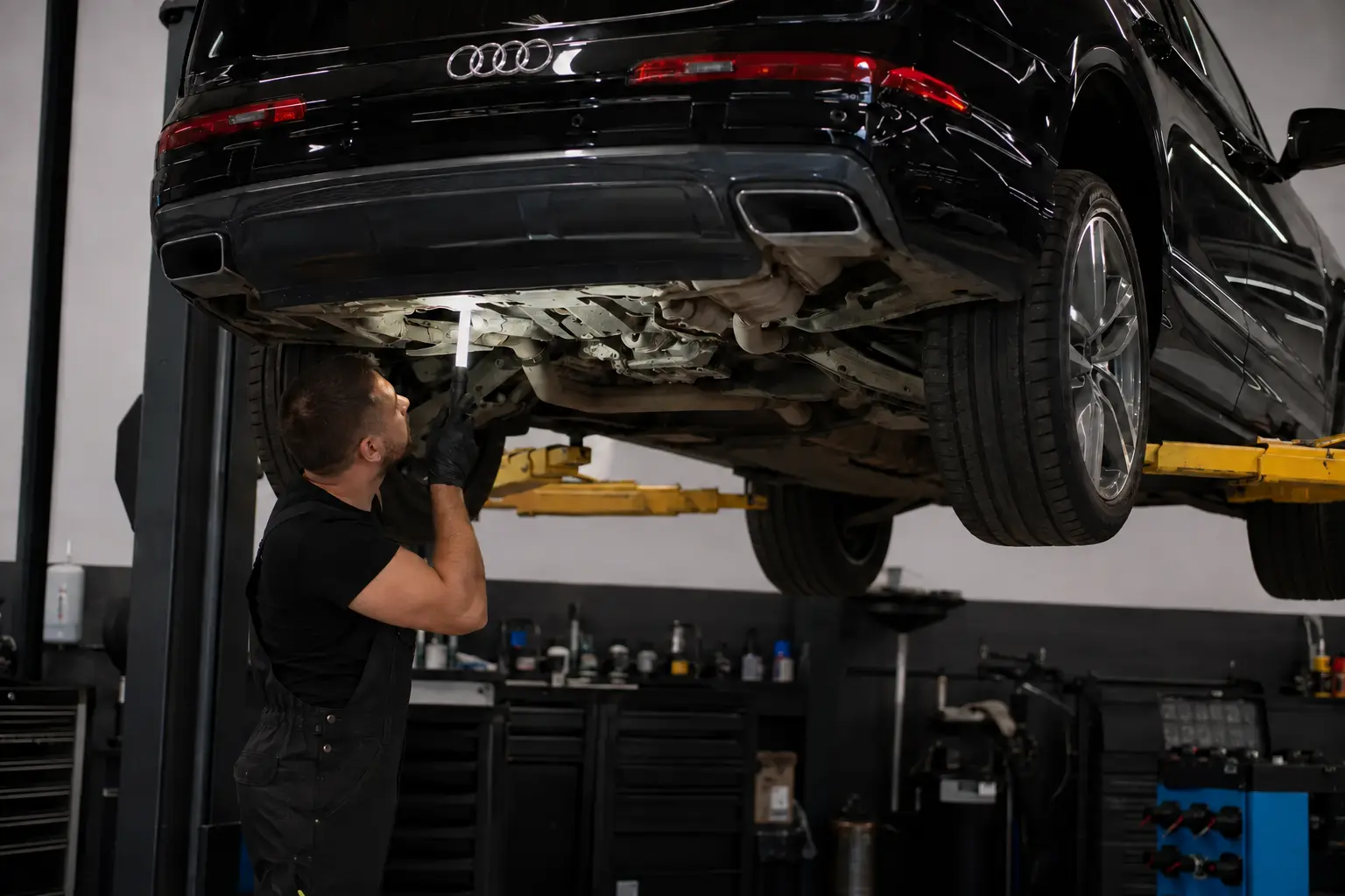 فني يفحص ناقل الحركة وأسفل Audi Q7