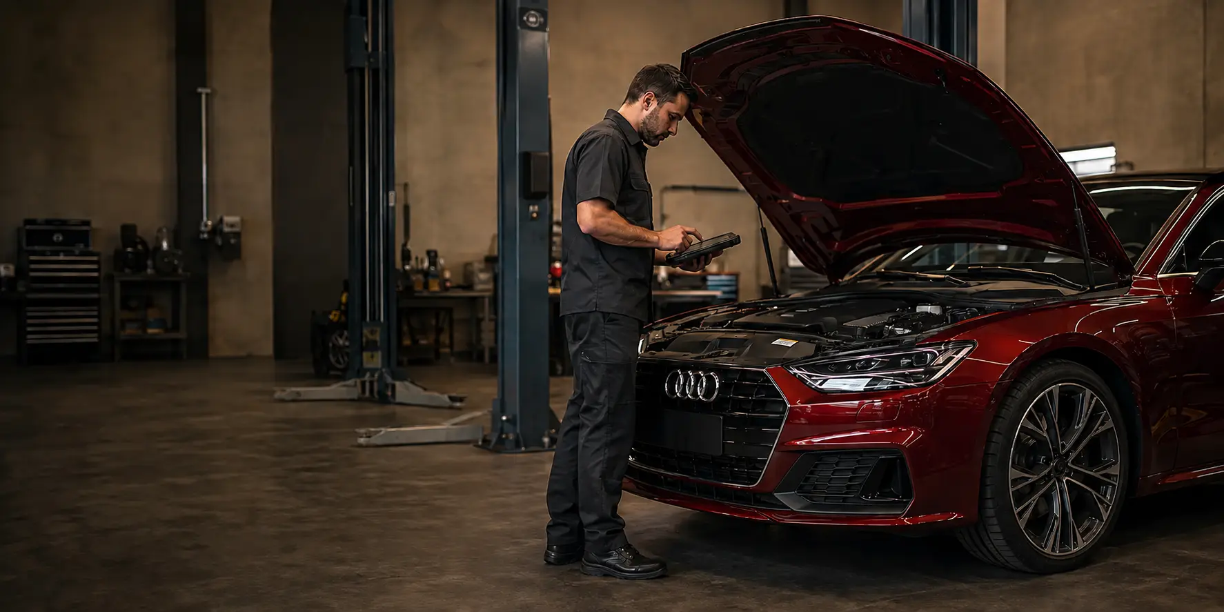 فني يفحص سيارة أودي حمراء داخل ورشة Audi Specialist Dubai في القوز