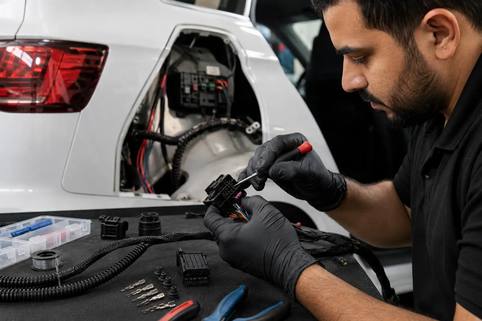 Technician repairing an Audi wiring connector with proper terminals