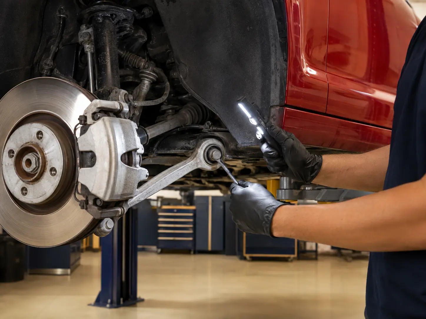 Technician checking an Audi front lower control-arm bush in its wheel-well context