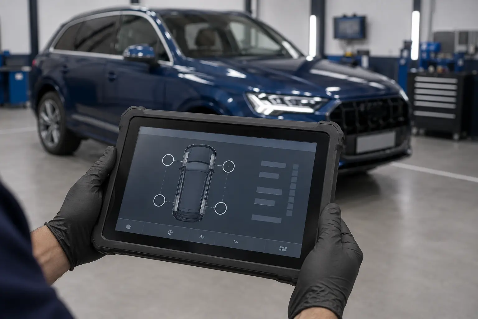 Technician viewing a schematic level-control interface on a diagnostic tablet