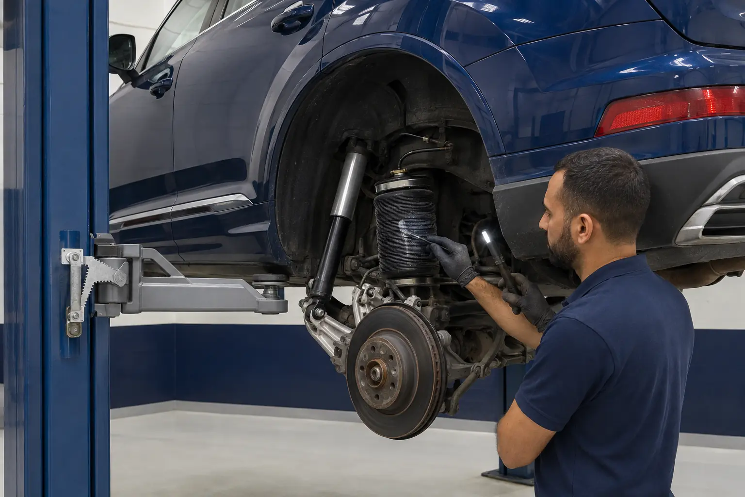 Audi Q7 4M rear-left air-spring bellows leak check with the vehicle mechanically supported
