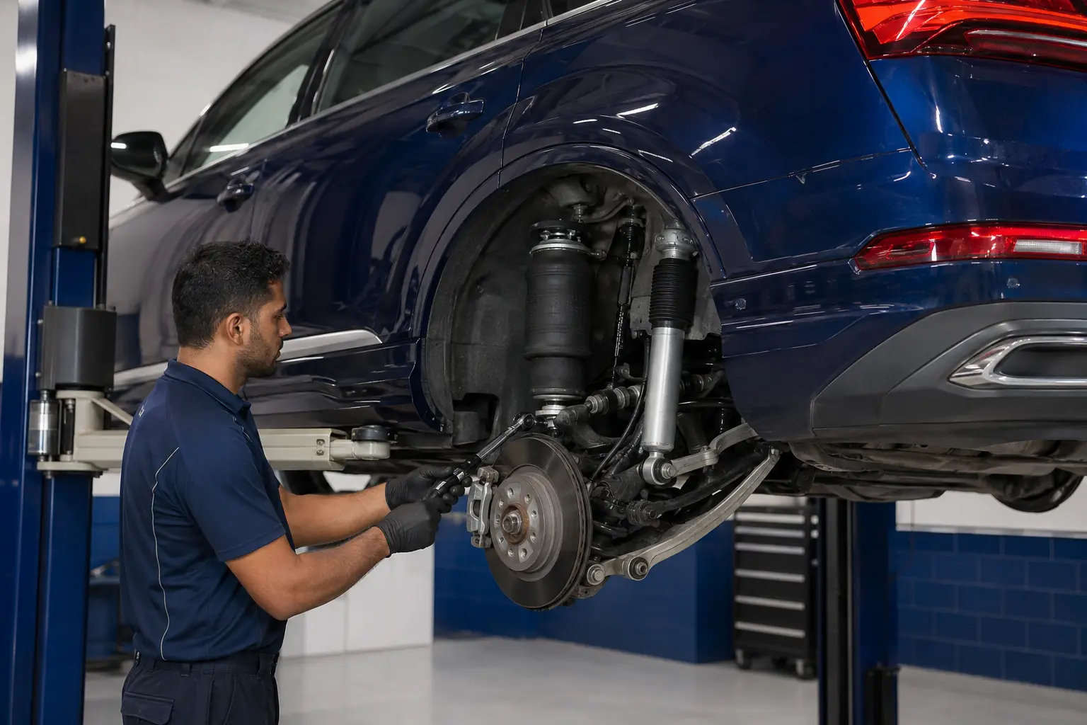 Q7 4M rear-left air spring with the separate rear damper visible during an illustrative repair