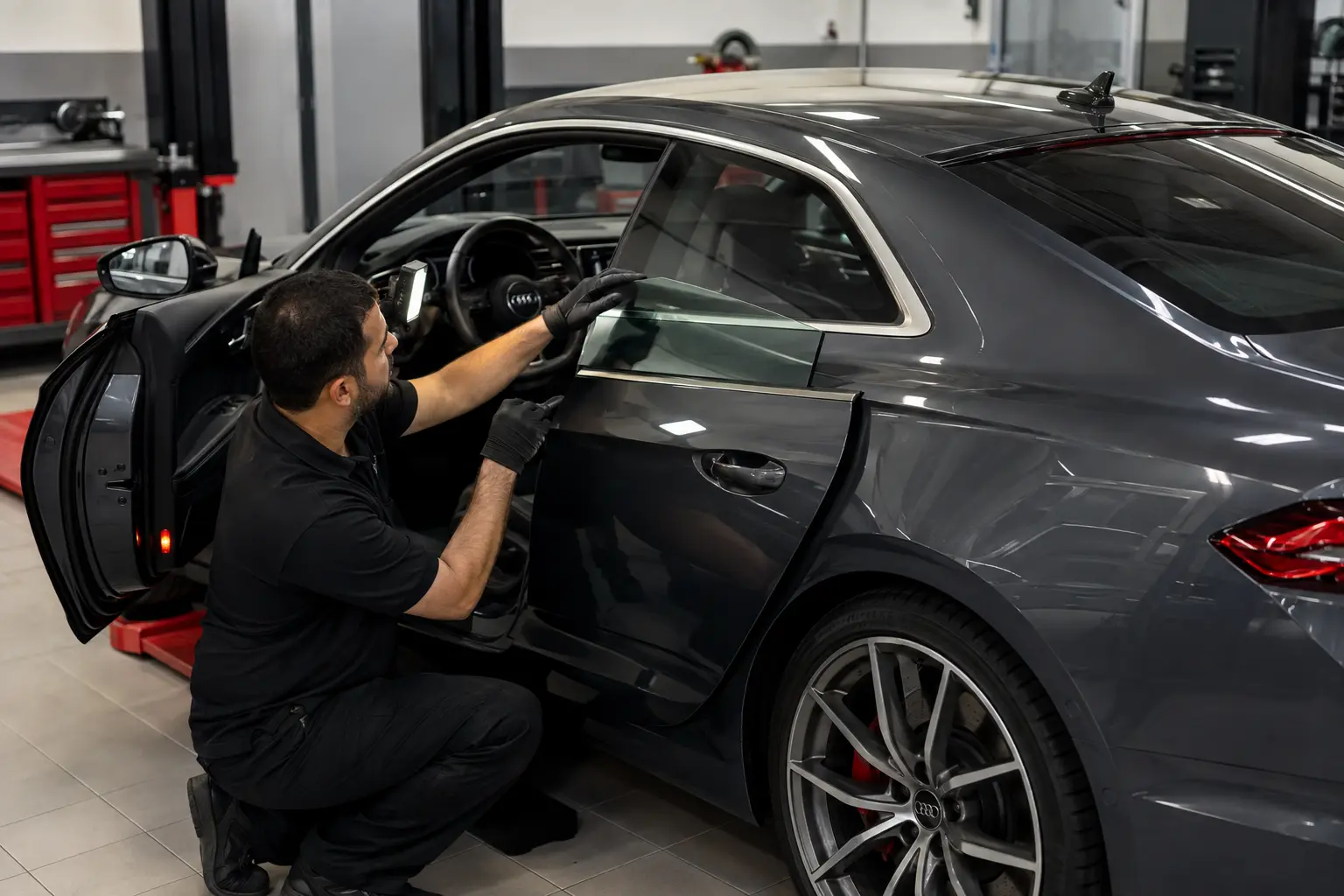 فني يفحص محاذاة الزجاج بلا إطار والعازل في أودي A5 Coupé