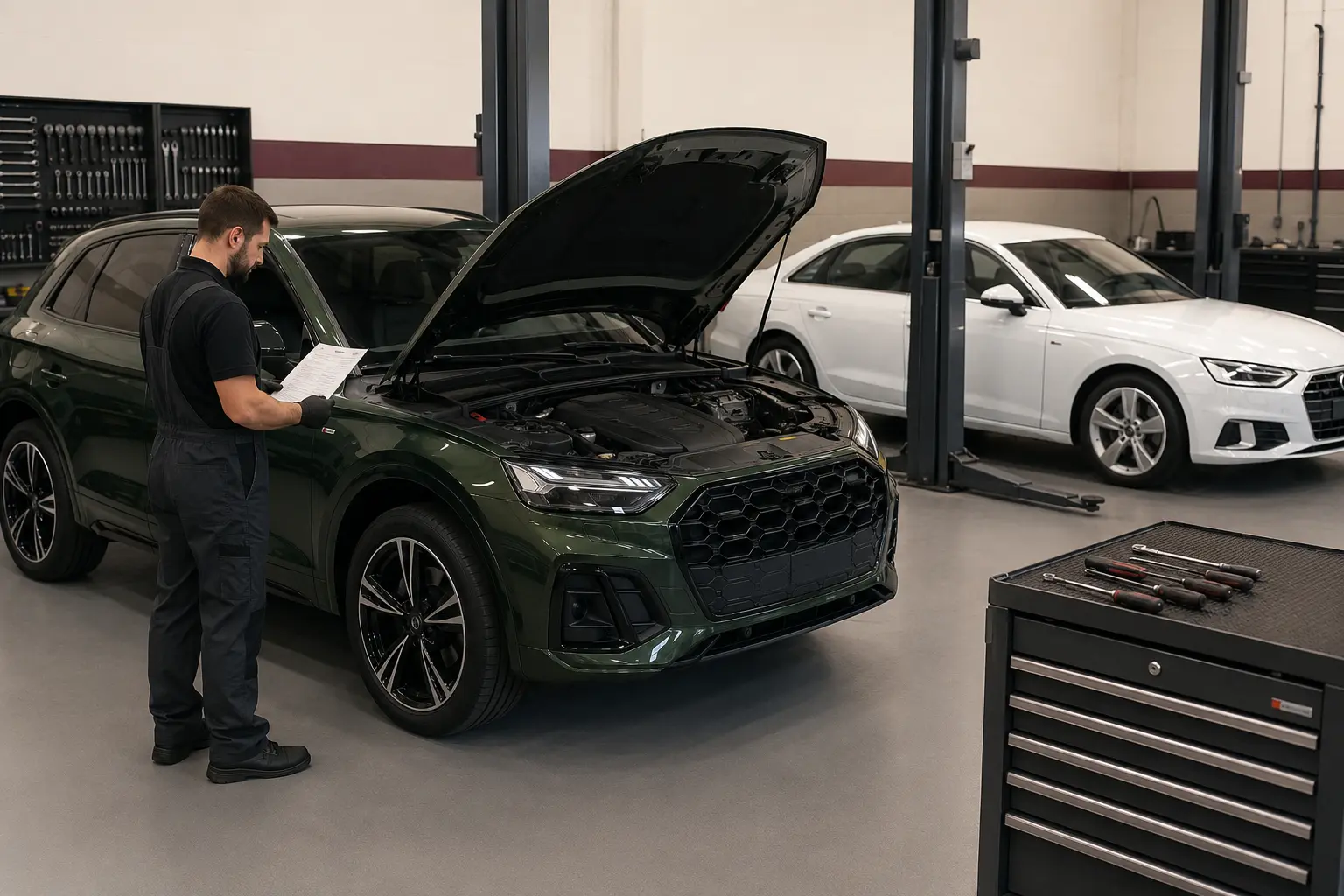 Technician checking vehicle details beside an Audi SUV and saloon