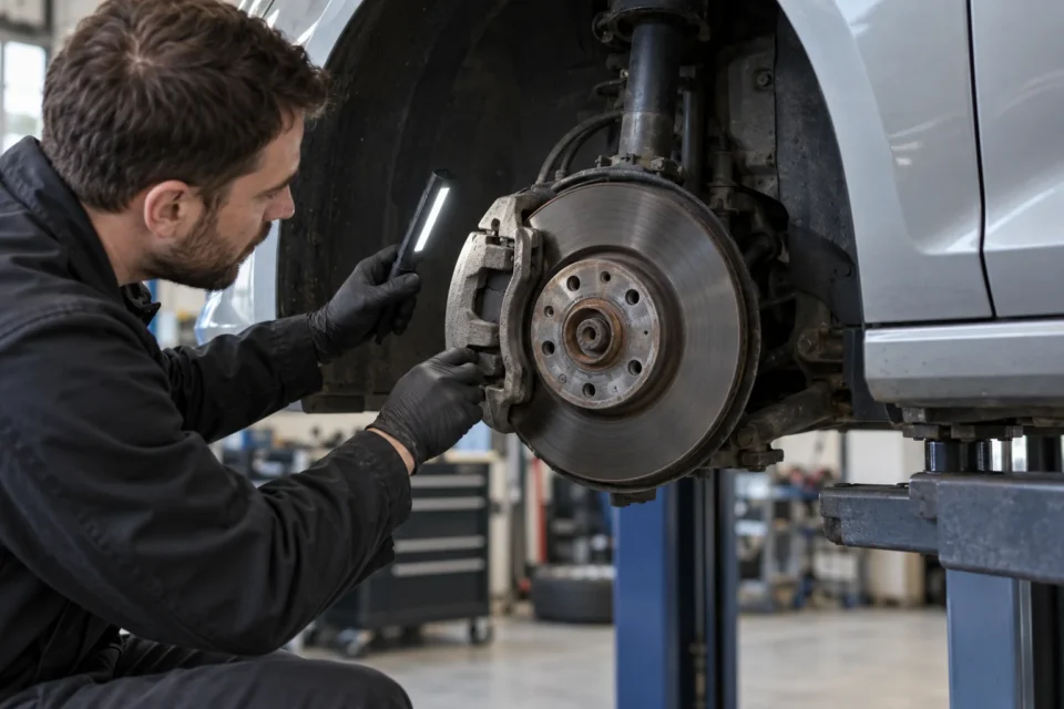 Technician inspecting the exposed front brake disc and pads on an Audi A3
