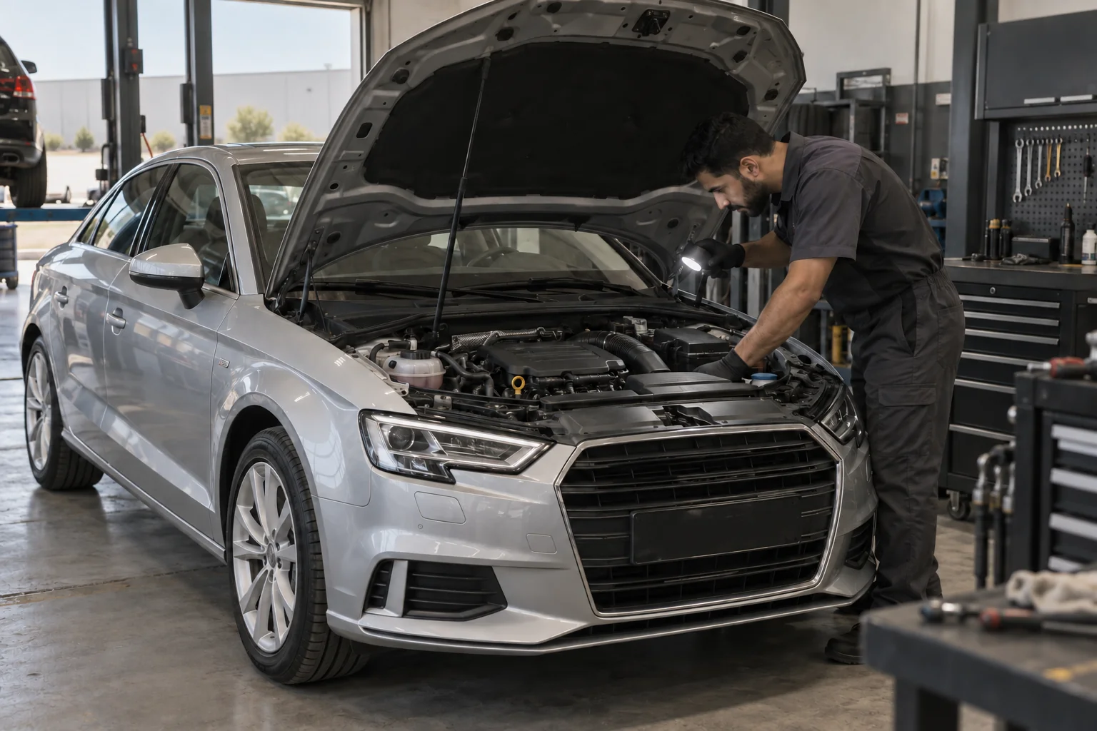Audi A3 with bonnet open during a workshop inspection