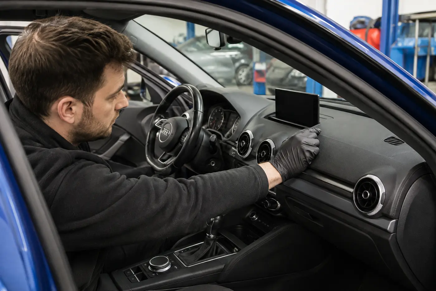Technician checking an Audi A3 retractable centre display mechanism