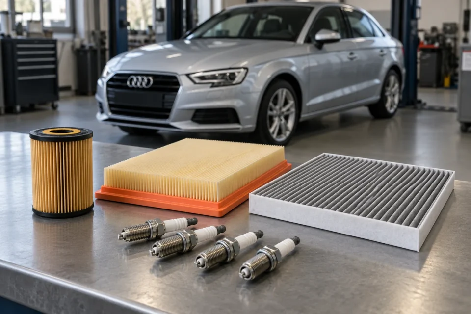 Oil filter, air filter, cabin filter and spark plugs arranged on a workshop bench
