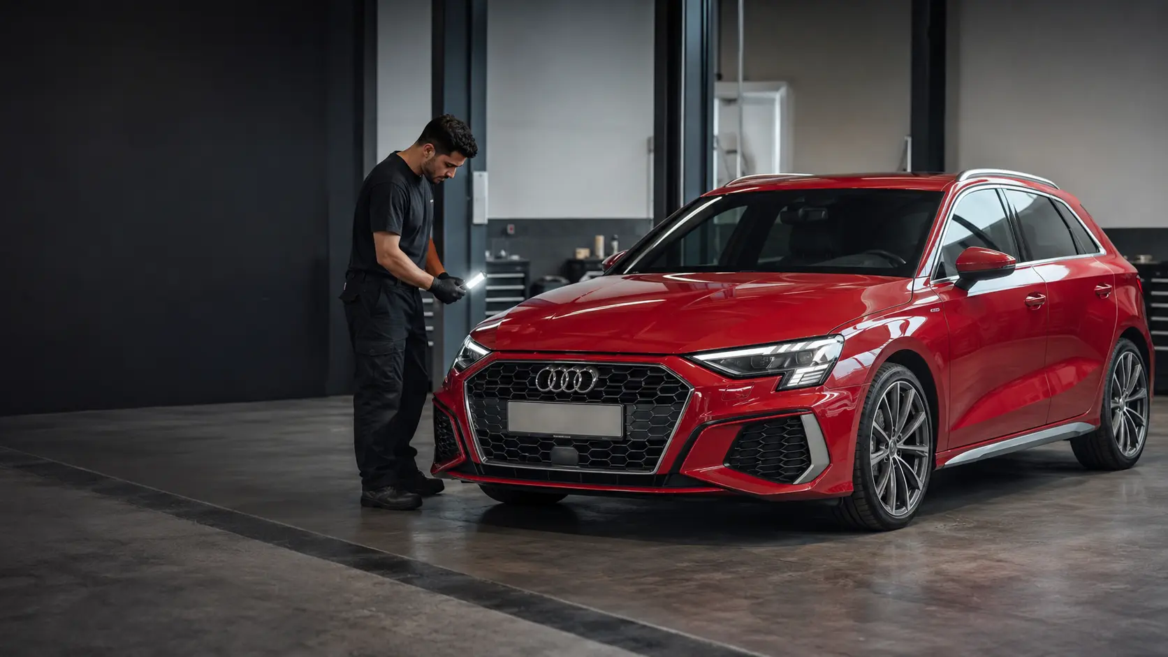 أودي A3 Sportback حمراء في ورشة أثناء مراجعة هوية الموديل