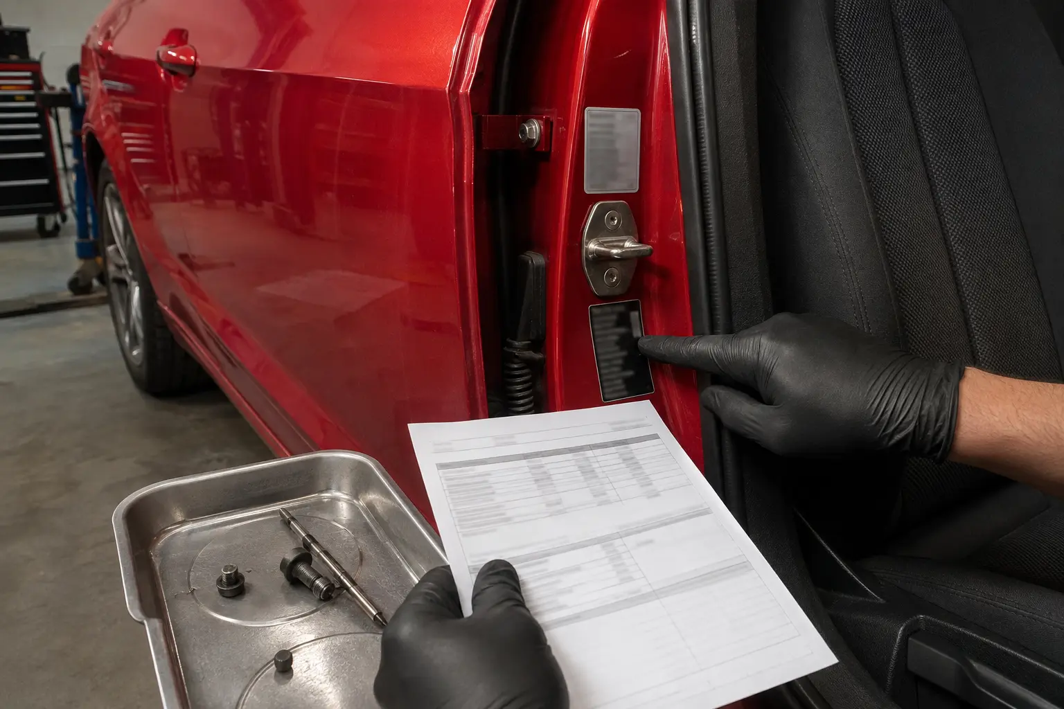 Audi A3 door-jamb identity details being checked against a workshop sheet