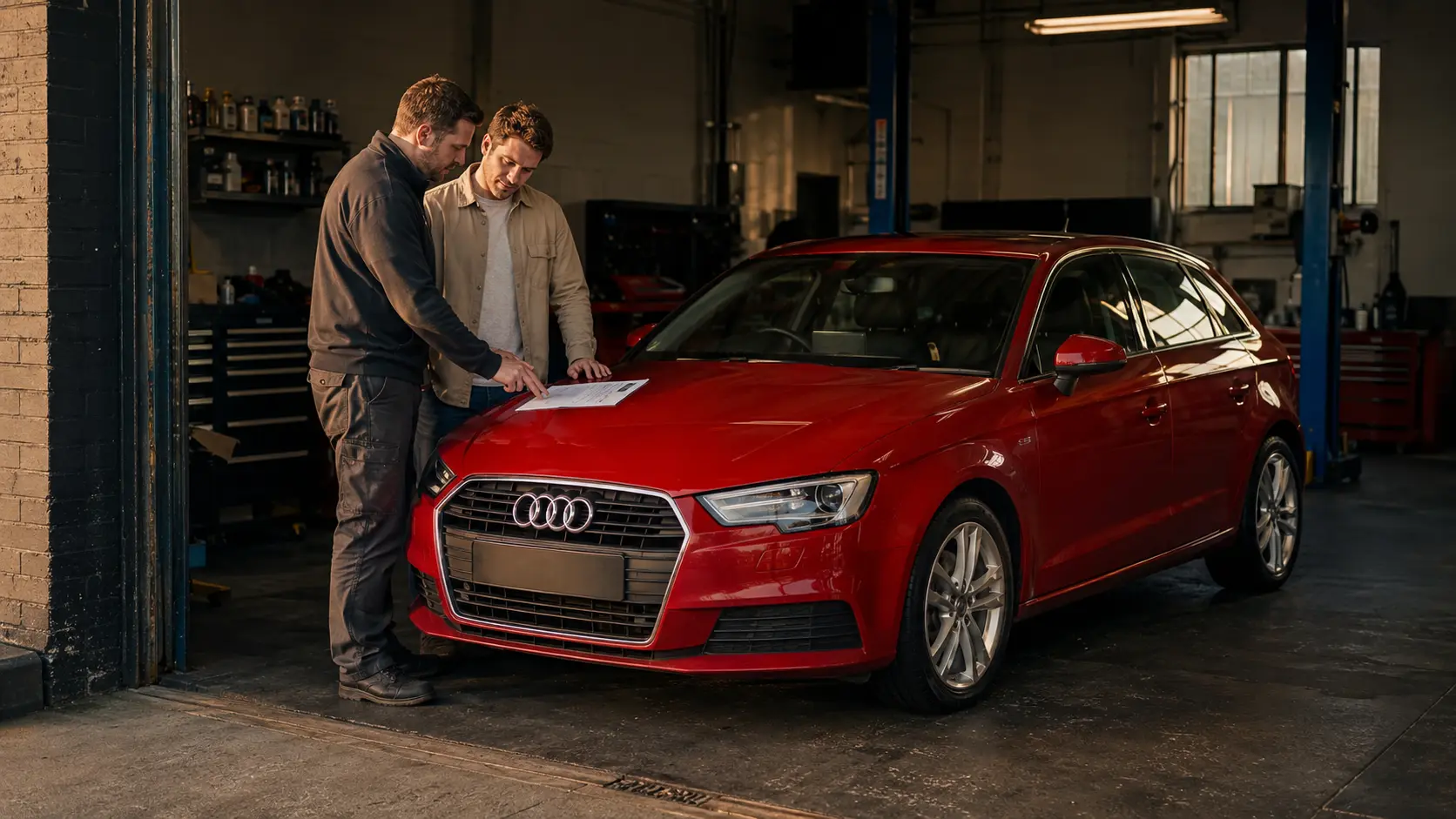 Audi A3 owner and technician reviewing written workshop findings