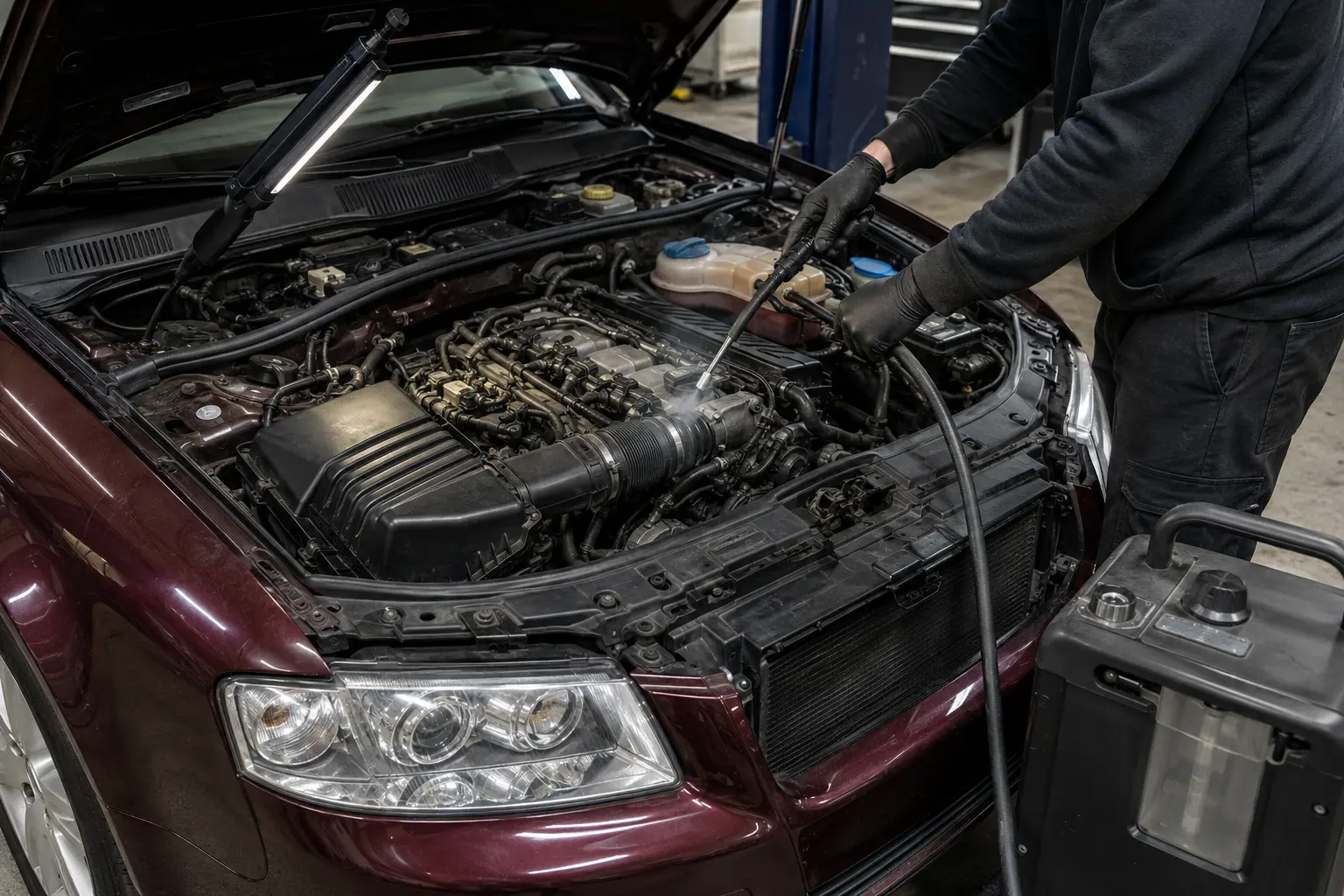 Audi A4 engine bay undergoing a careful smoke test for intake leaks