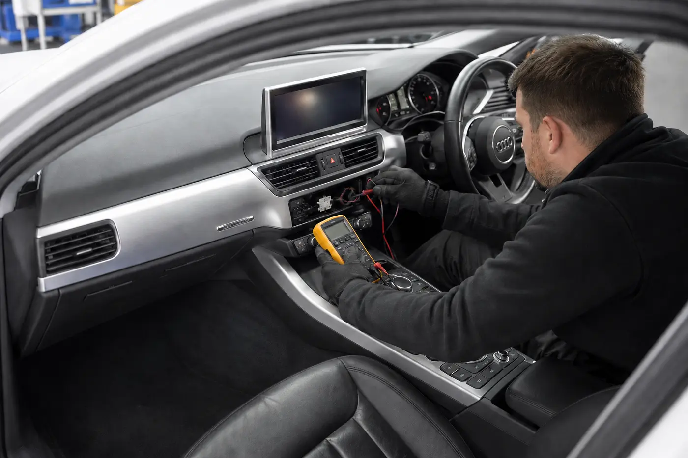 Technician testing an Audi A4 fixed centre display and controller circuit