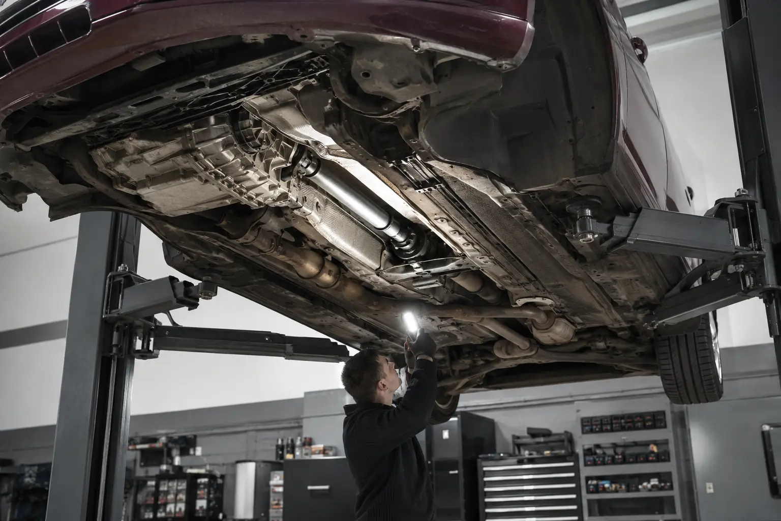 Audi A4 underbody and longitudinal driveline being inspected on a lift