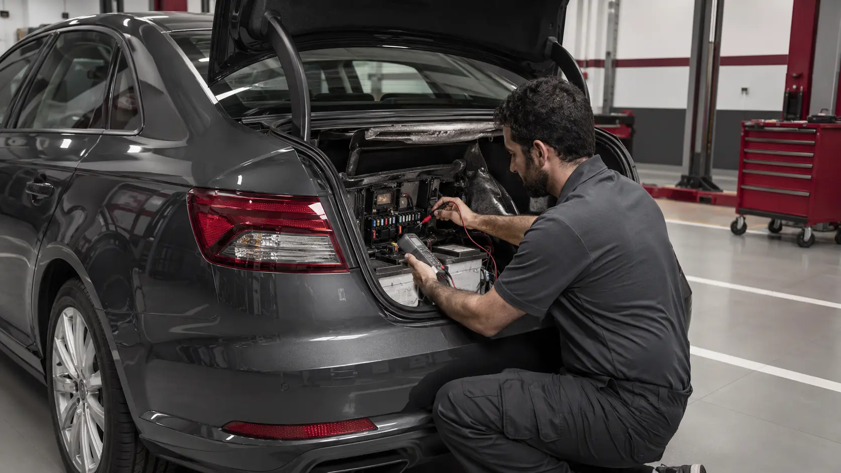 Audi A4 rear battery and fuse area being checked with a multimeter