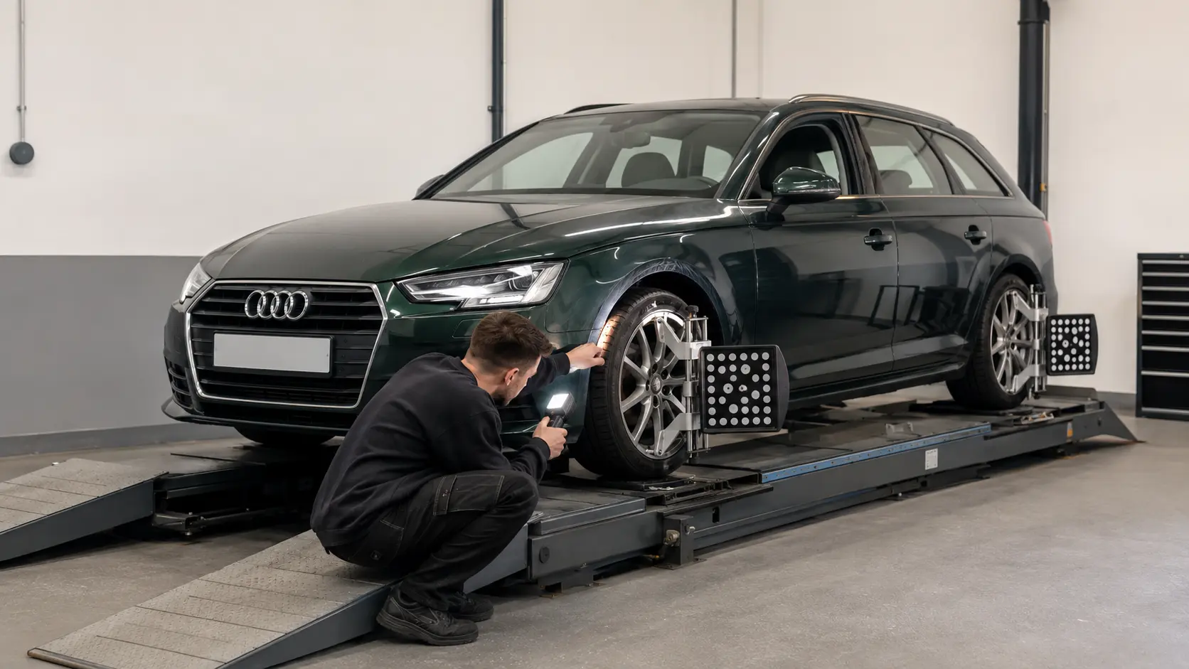 Audi A4 Avant on an alignment ramp for suspension geometry checks