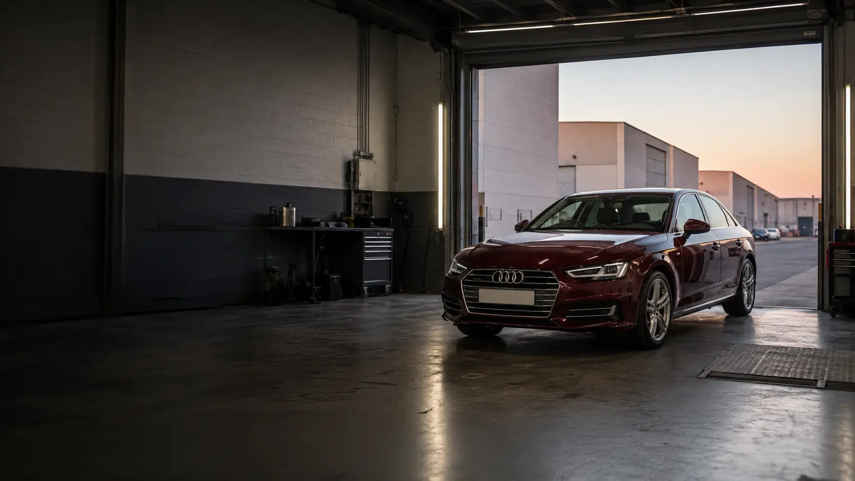 Burgundy Audi A4 sedan arriving at a clean independent specialist workshop