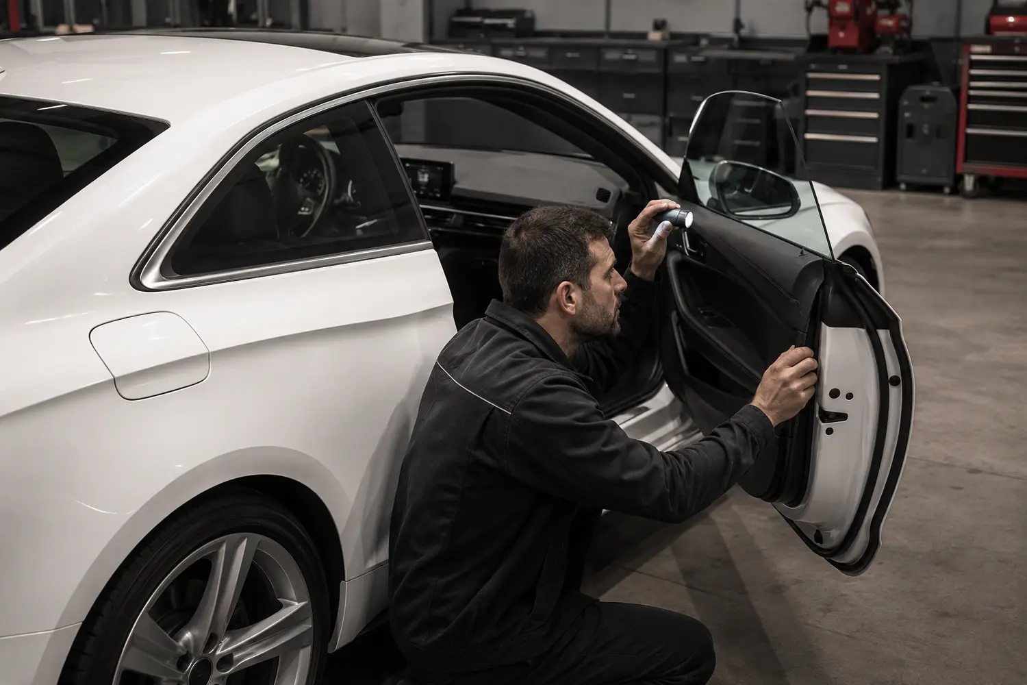 Audi A5 Coupé frameless window glass and seal inspection