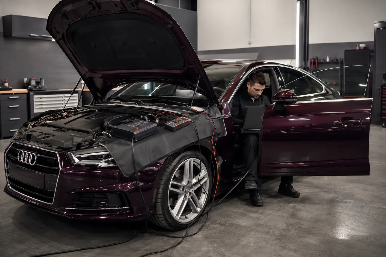 Audi A5 electrical testing with diagnostic laptop and battery support