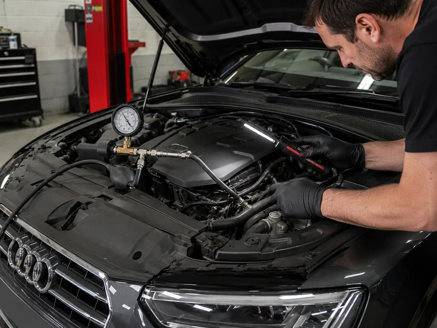 Audi A5 engine bay cooling system pressure test