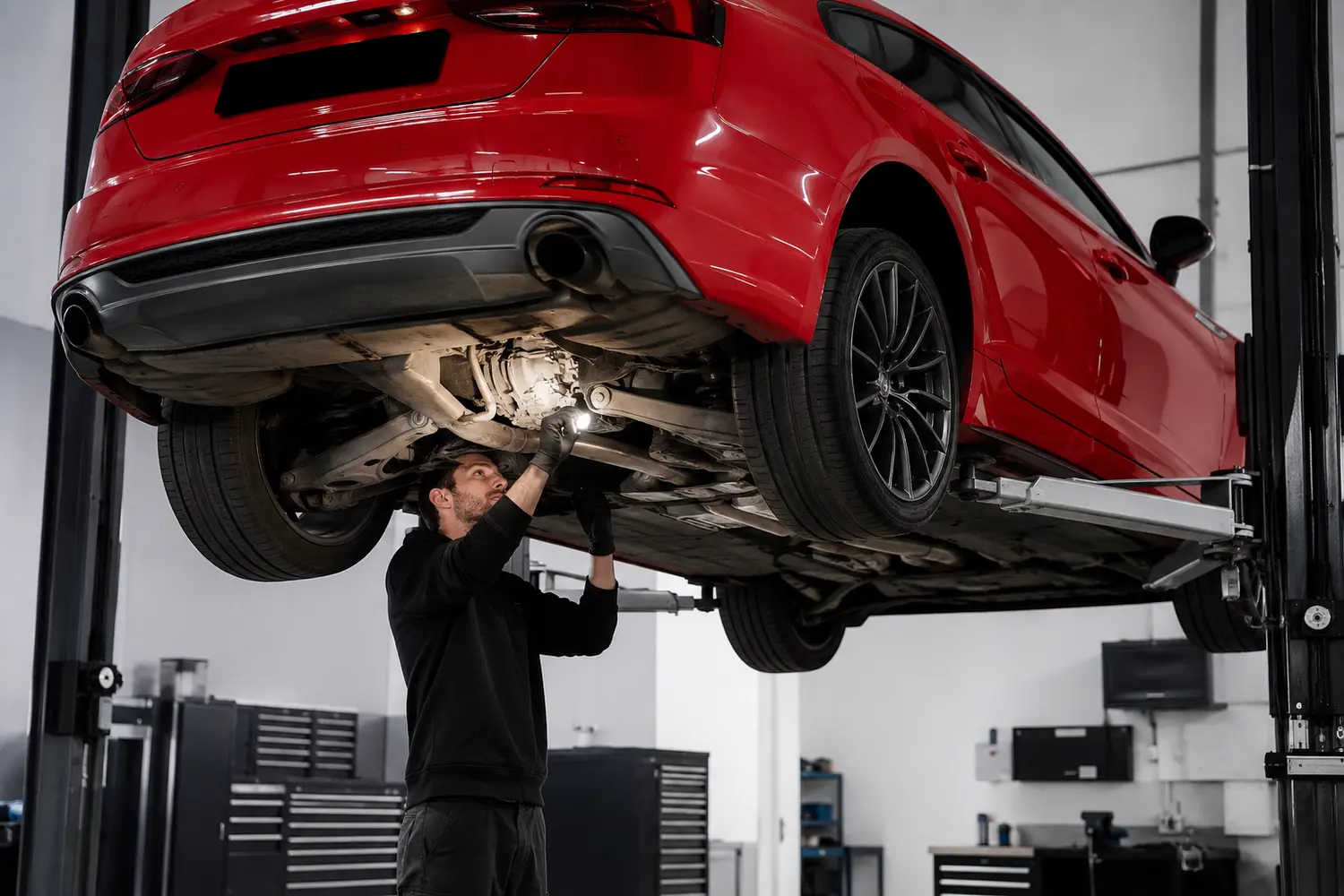 Audi A5 gearbox and quattro underbody inspection on a lift