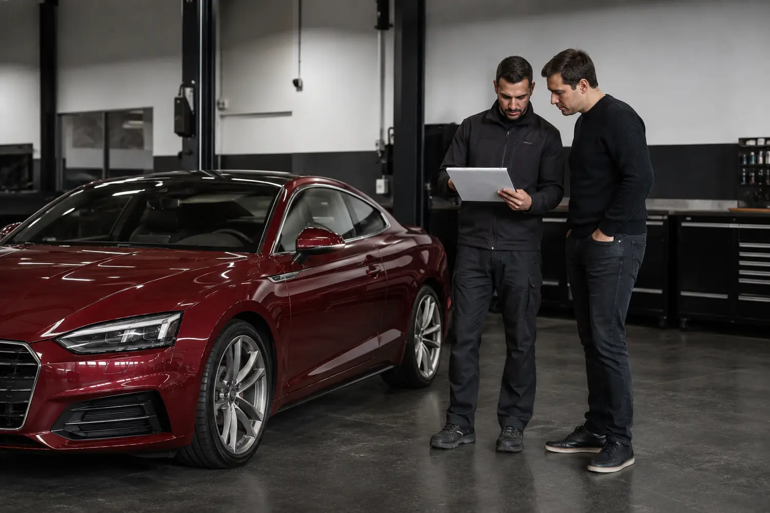 Audi A5 pre-purchase inspection estimate review beside the vehicle